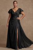 Dusty Sage Plus Size A Line Flutter Sleeves Ruched Mother Of The Bride Dress with Slit
