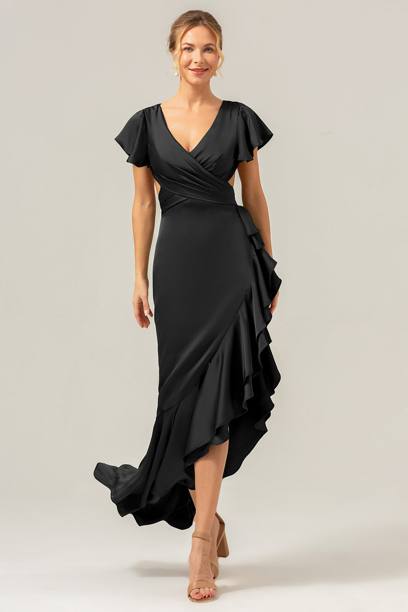 Load image into Gallery viewer, Olive A Line V Neck Satin Asymmetrical Bridesmaid Dress with Ruffle Slit