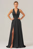 Load image into Gallery viewer, Pink A Line V-Neck Backless Satin Long Bridesmaid Dress with Slit