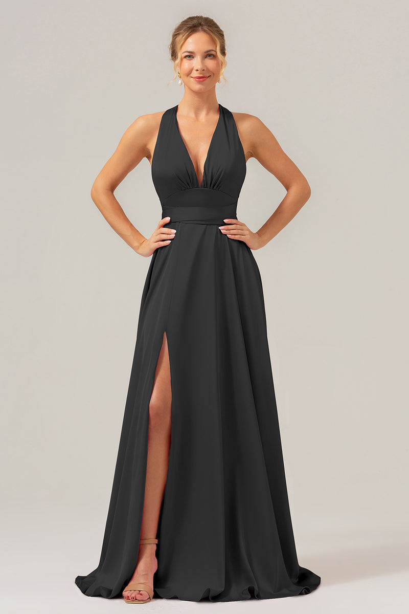 Load image into Gallery viewer, Pink A Line V-Neck Backless Satin Long Bridesmaid Dress with Slit