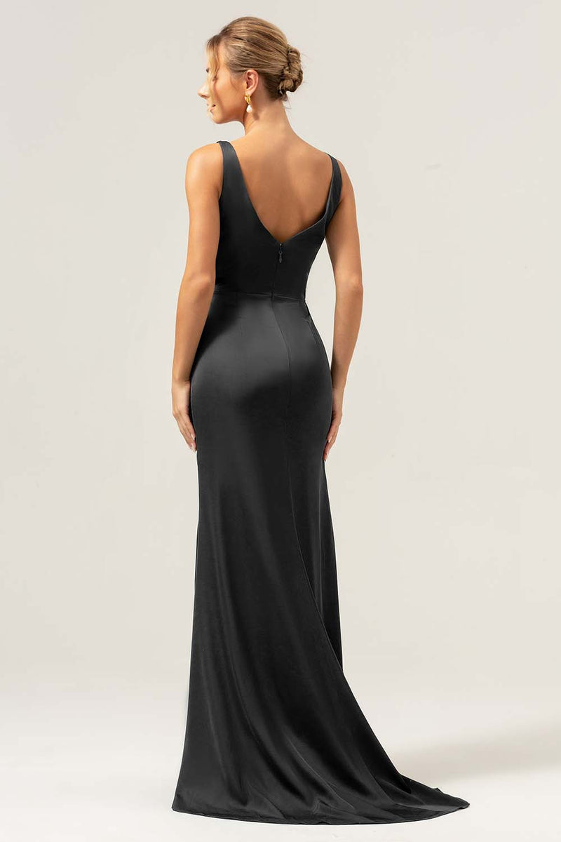 Load image into Gallery viewer, Dark Green Sheath V Neck Ruched High-Low Bridesmaid Dress with Slit