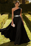 One Shoulder Olive A Line Chiffon Maxi Dress