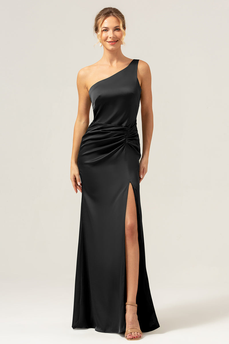 Load image into Gallery viewer, Olive Mermaid One Shoulder Backless Satin Long Bridesmaid Dress