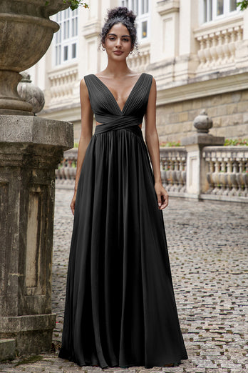 Dark Green A Line V Neck Pleated Chiffon Long Bridesmaid Dress with Lace-up Back