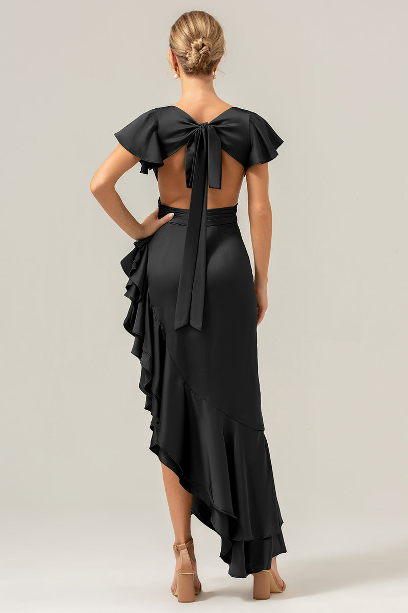 Load image into Gallery viewer, Olive A Line V Neck Satin Asymmetrical Bridesmaid Dress with Ruffle Slit