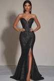 Sparkly Gold Sequins Strapless Mermaid Formal Dress with Slit
