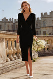 Ivory Bodycon Ruched V Neck Midi Engagement Dress with Slit
