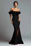 Black and Red Mermaid Ruffled Off the Shoulder Long Evening Dress with Slit