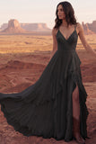 Ivory A Line Ruffled Spaghetti Straps Boho Wedding Dress with Slit