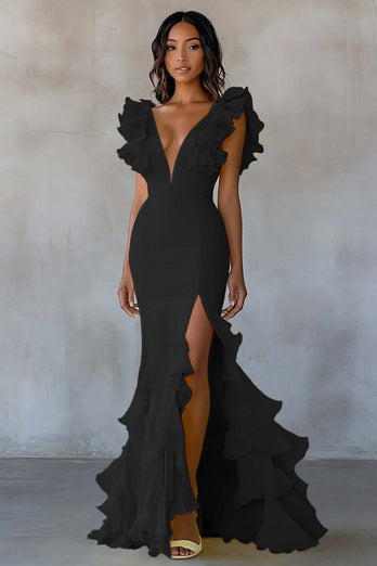 Yellow V-Neck Mermaid Ruffles Formal Dress with Slit