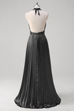 Royal Blue A Line Halter Pleated Long Prom Dress