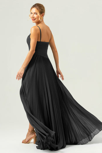 A-Line Spaghetti Straps Pleated Chiffon Eucalyptus Bridesmaid Dress with Slit