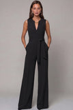 Navy V-Neck Sleeveless Formal Jumpsuit with Belt