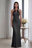 Sky Blue Halter Sheath Long Evening Dress with Back Keyhole