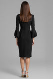 Long Sleeve Sheath Navy Round Neck Work Dress