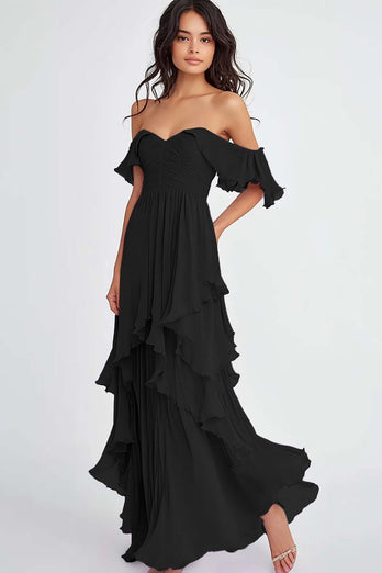 Ruffled Pleated Lilac Off the Shoulder A Line Formal Dress