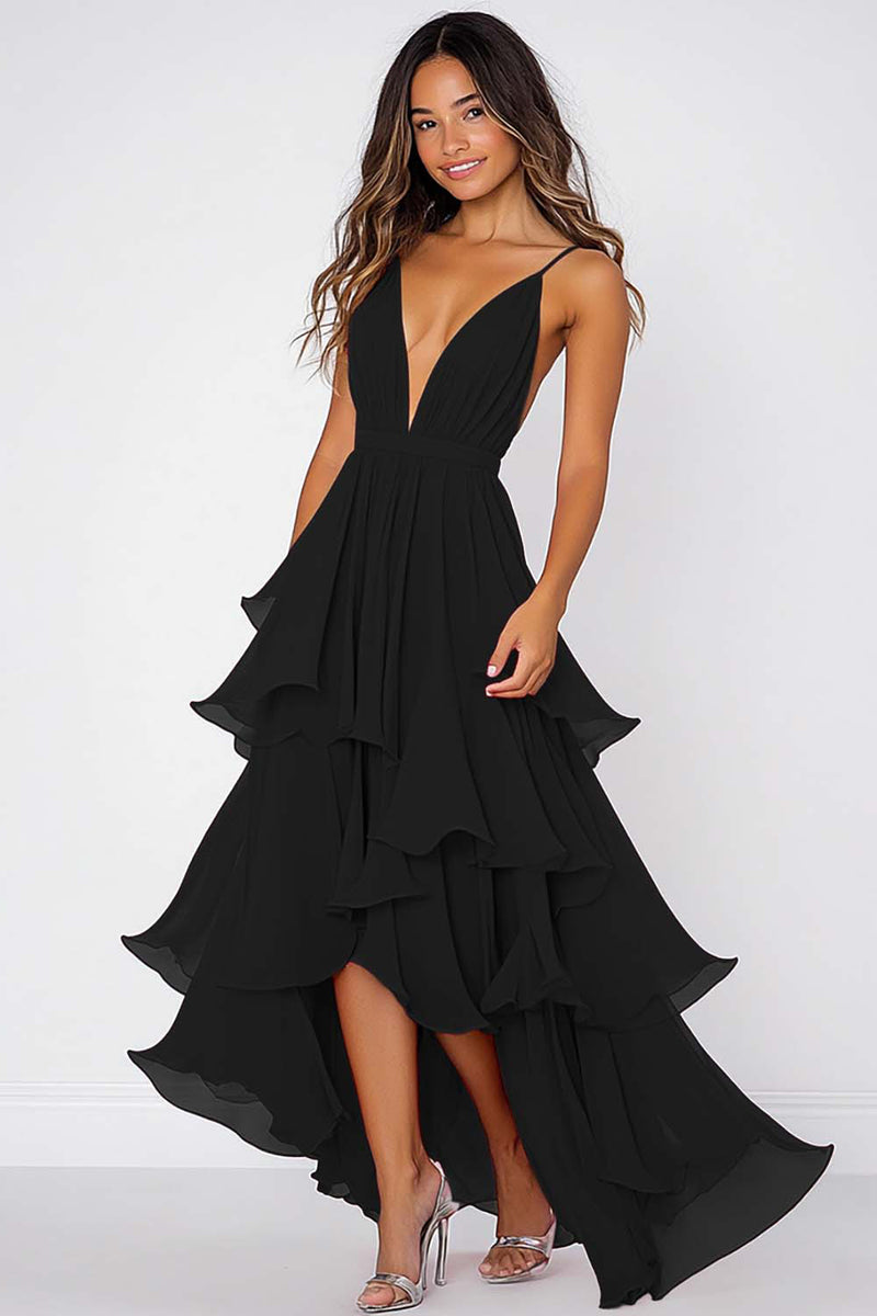 Load image into Gallery viewer, Ruffled Tiered Red Chiffon Spaghetti Straps Formal Dress