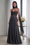 Strapless A Line Pleated Sky Blue Long Evening Dress with a Neck Scarf