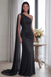 Navy One Shoulder Sheath Ruched Long Evening Dress with Side Cape