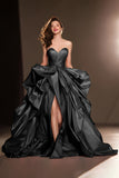 A Line Sweetheart Dark Red Ruffle Pageant Dress with Slit