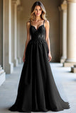 A Line Dark Blue Spaghetti Straps Sweetheart Long Prom Dress