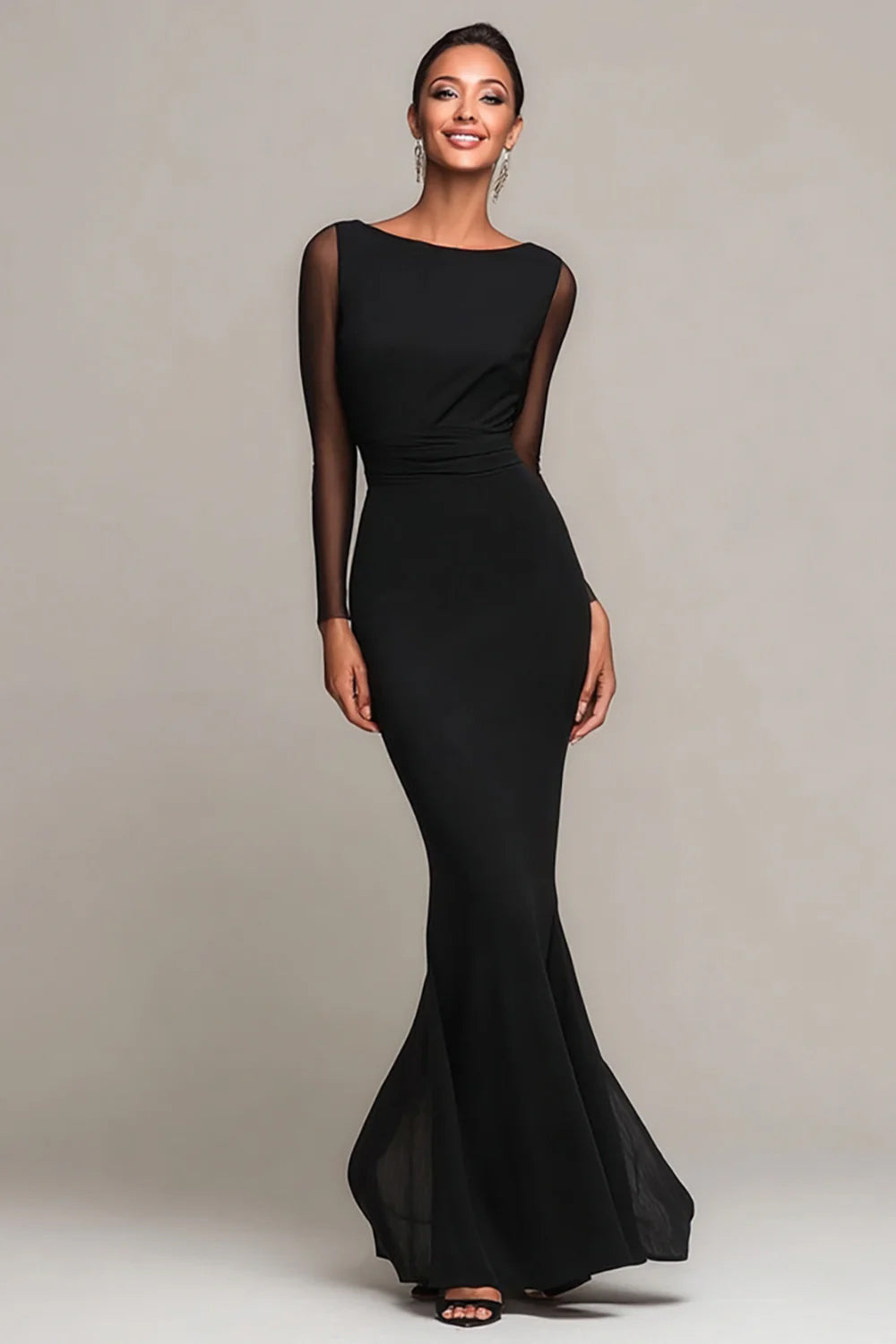 Zapaka Women Black Maxi Evening Dress Mermaid Boat Neck Wedding Guest Dress with Sleeves ZAPAKA UK Zapaka Women Black Maxi Evening Dress Mermaid Boat Neck Wedding Guest Dress with Sleeves ZAPAKA UK