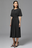 A Line Navy Ruched Round Neck Midi Work Dress