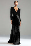 Sparkly Gold and Black V-Neck Sheath Long Formal Dress with Sleeve
