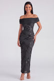 Off the Shoulder Yellow Sheath Embroidered Maxi Floral Dress with Slit