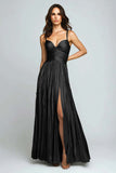 Sliver A Line Metallic Pleated Formal Dress With Slit