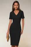 Bodycon Navy V-Neck Short Sleeves Midi Work Dress with Slit
