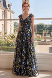 Green A-Line Embroidered V-Neck Long Mother Of the Bride Dress