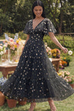 Champagne V-Neck Embroidered A-Line Tulle Floral Dress with Flutter Sleeves