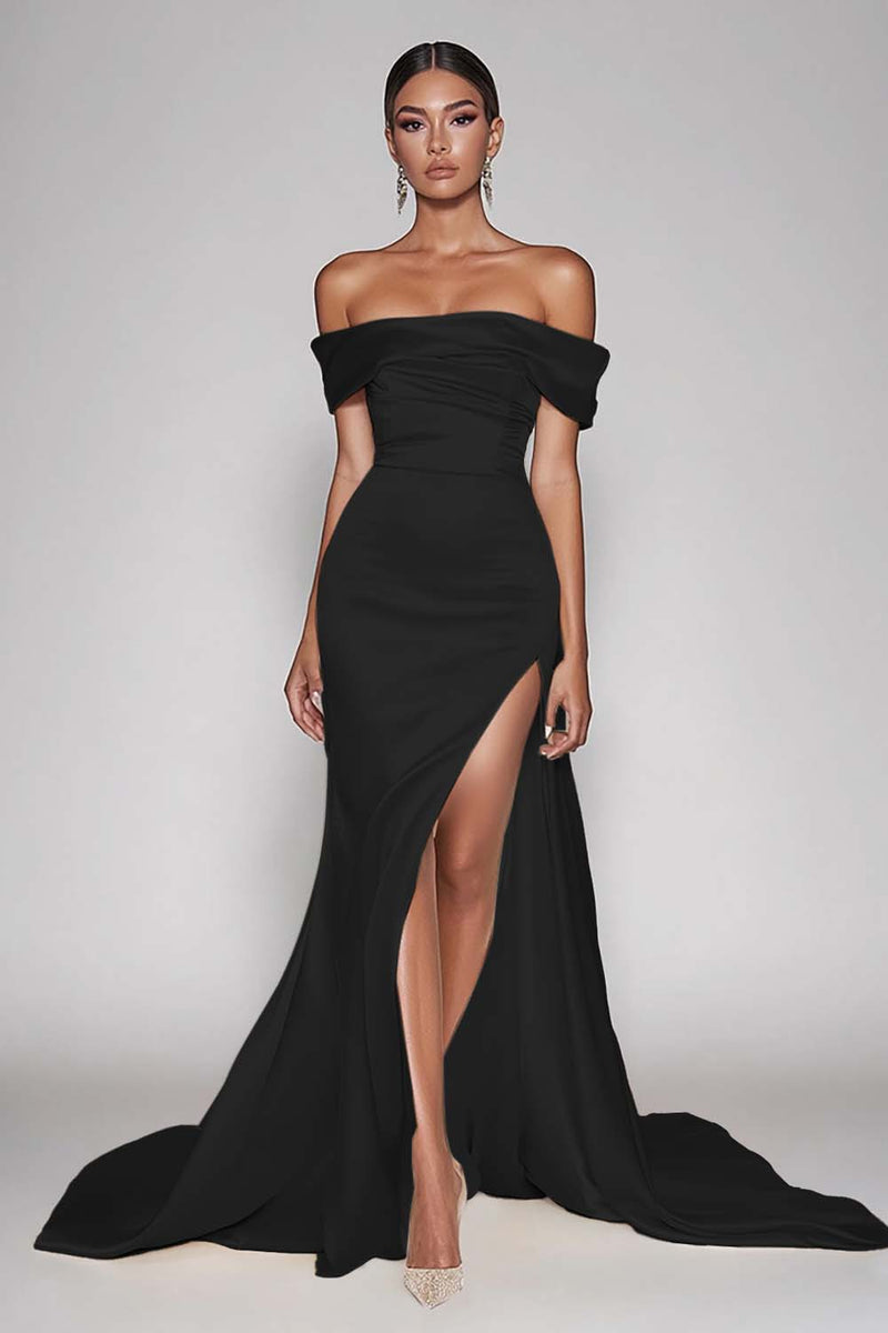 Load image into Gallery viewer, Champagne Off The Shoulder Satin Long Mermaid Formal Dress with Slit