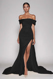 Champagne Off The Shoulder Satin Long Mermaid Formal Dress with Slit
