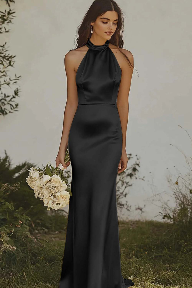 Load image into Gallery viewer, Light yellow Halter Mermaid Satin Bridesmaid Dress