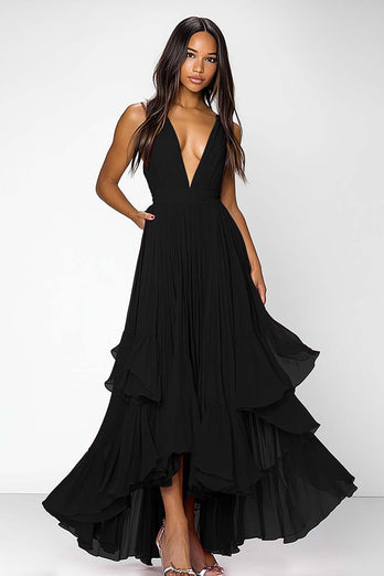 Red Deep V Neck Ruched Ruffles A Line Formal Dress