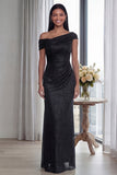 Dark Green Off the Shoulder Sheath Ruched Long Evening Dress