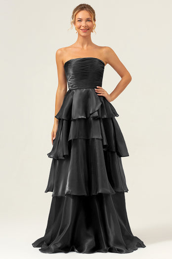 Dark Navy A Line Strapless Tiered Satin Long Prom Dress