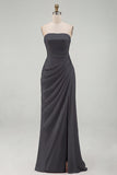Strapless Light Pink Sheath Ruched Long Prom Dress with Slit