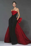 Strapless Black and Red Mermaid Evening Dress with Bow