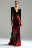 Sparkly Gold and Black V-Neck Sheath Long Formal Dress with Sleeve
