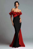 Black and Red Mermaid Ruffled Off the Shoulder Long Evening Dress with Slit