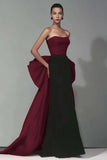 Black and Red Strapless Mermaid Long Formal Dress with Bow