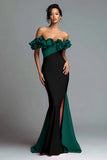 Black and Red Mermaid Ruffled Off the Shoulder Long Evening Dress with Slit