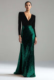 Sparkly Gold and Black V-Neck Sheath Long Formal Dress