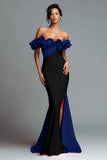 Black and Red Mermaid Ruffled Off the Shoulder Long Evening Dress with Slit