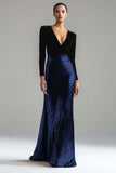 Sparkly Gold and Black V-Neck Sheath Long Formal Dress with Sleeve