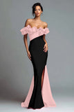 Black and Red Mermaid Ruffled Off the Shoulder Long Evening Dress with Slit