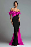 Black and Red Mermaid Ruffled Off the Shoulder Long Evening Dress with Slit